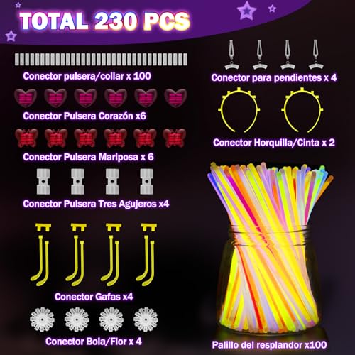 Luminous Fluorescent Bracelets 230 Pack Fiesta | 100 Neon Luminous Sticks & 130 Connectors para Crear Pulseras, Gafas, F