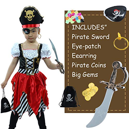Sincere Party Disfraz de pirata para niñas: Princesa Bucanera 5-6 años, Vestido de lujo con espada, bolsa de pirata, par
