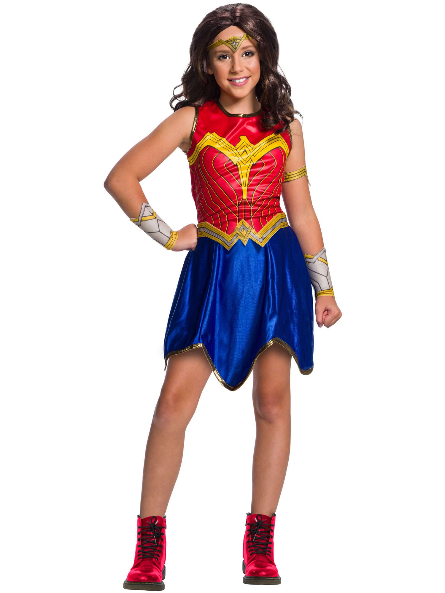  Rubies Disfraz Wonder Woman Clásico para niñas - Vestido rojo oficial con azul, cinturón, mangas y accesorios inclusos
