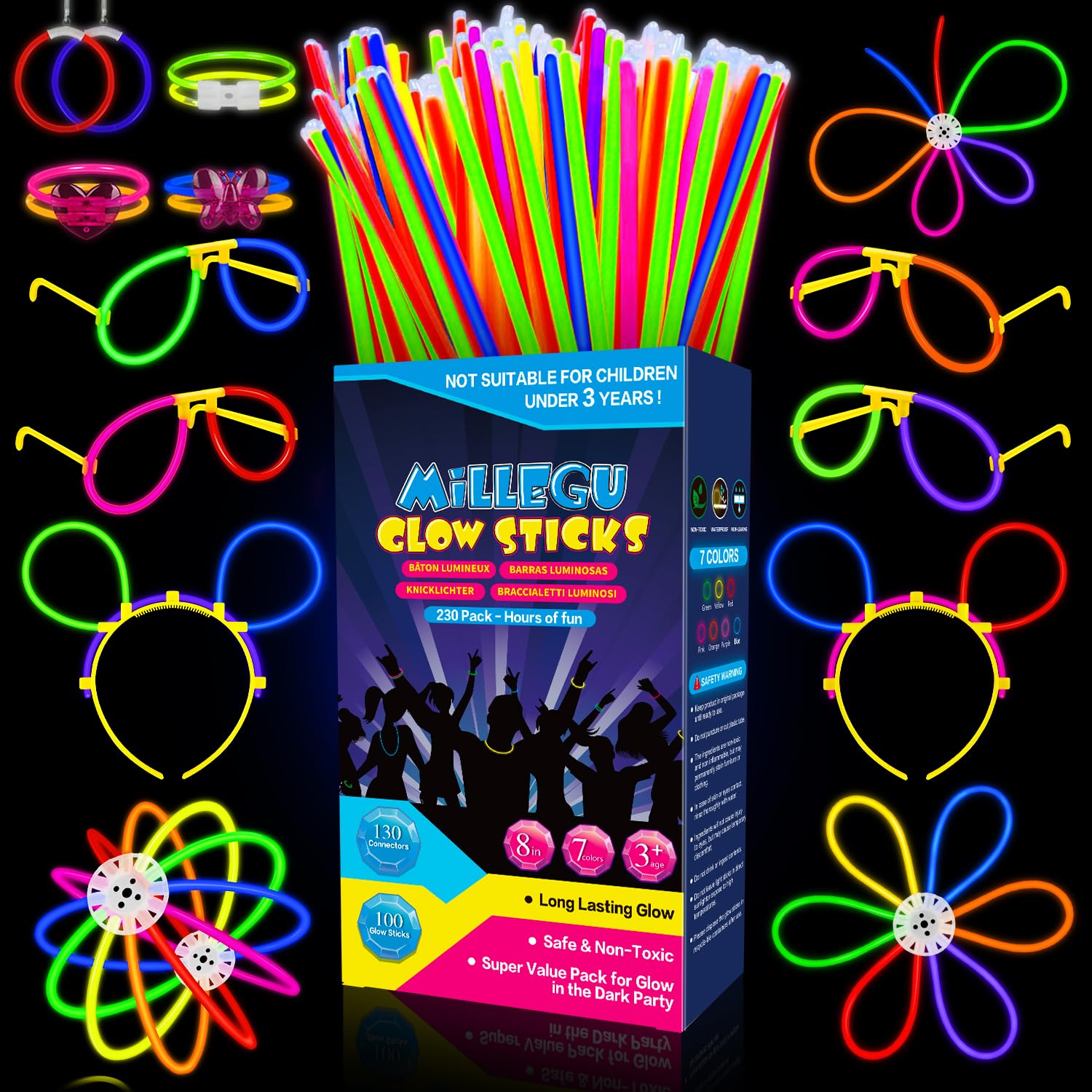 Luminous Fluorescent Bracelets 230 Pack Fiesta | 100 Neon Luminous Sticks & 130 Connectors para Crear Pulseras, Gafas, F
